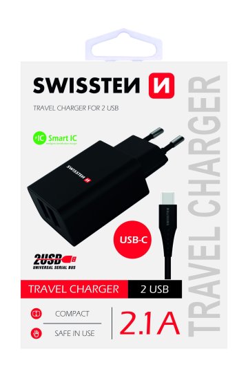 SWISSTEN adaptér 230V/2,1A 2xUSB + USB-C kabel 1,2m ČERNÁ