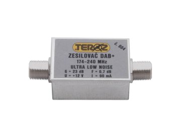 Anténní zesilovač Teroz 604X, nízkošumový, DAB, G23dB, F0,7dB, U>120dBμV, F-F