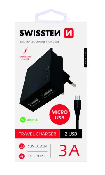 SWISSTEN adaptér 230V/3A 2xUSB + microUSB kabel 1,2m ČERNÁ