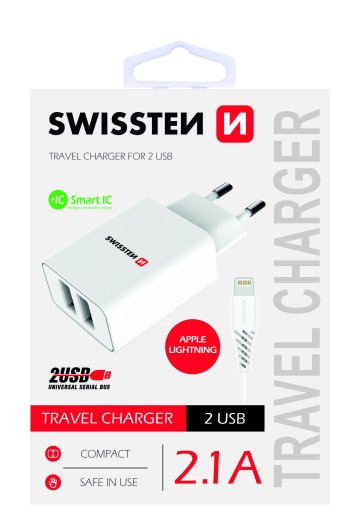 SWISSTEN adaptér 230V/2,1A 2xUSB + lightning kabel 1,2m BÍLÁ