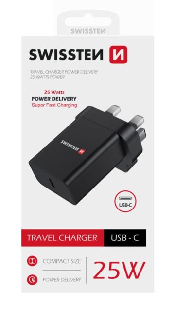 SWISSTEN adaptér 230V 25W 1xUSB-C pro iPhone Samsung do Anglie (UK) černá