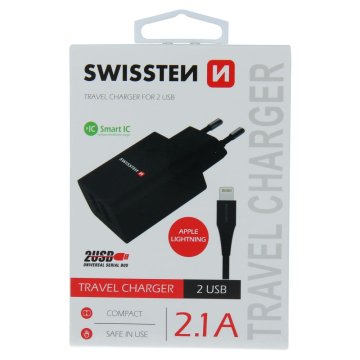 SWISSTEN adaptér 230V/2,1A 2xUSB + lightning kabel 1,2m ČERNÁ