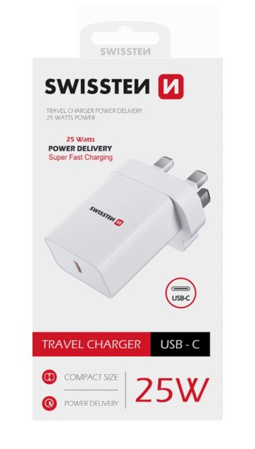 SWISSTEN adaptér 230V 25W 1xUSB-C pro iPhone Samsung do Anglie (UK) bílá