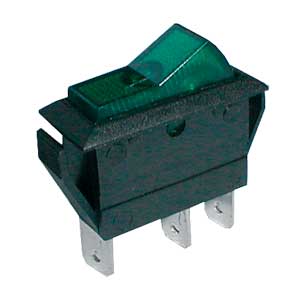 Přepínač kolébkový 2pol./3pin ON-OFF 20A/12VDC pros. zelený