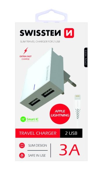 SWISSTEN adaptér 230V/3A 2xUSB + lightning kabel 1,2m BÍLÁ