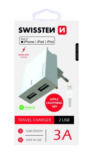 SWISSTEN adaptér 230V/3A 2xUSB + MFI lightning kabel 1,2m BÍLÁ