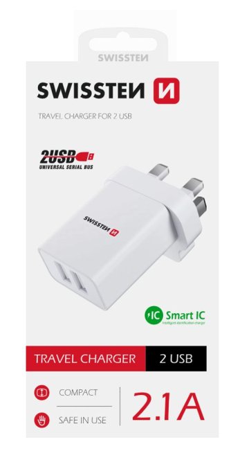 SWISSTEN adaptér 230V/2,1A 10,5W 2xUSB do Anglie (UK) bílá