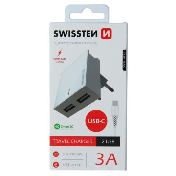 SWISSTEN adaptér 230V/3A 2xUSB + USB-C kabel 1,2m BÍLÁ