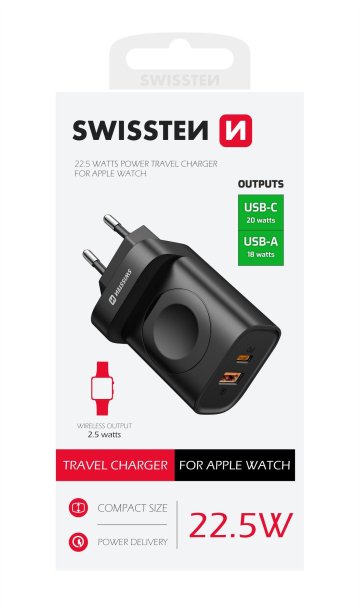 SWISSTEN adaptér 230V 22,5W POWER DELIVERY 1xUSB-C + 1xUSB QC + Apple Watch ČERNÁ