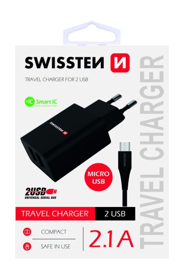 SWISSTEN adaptér 230V/2,1A 2xUSB + microUSB kabel 1,2m ČERNÁ