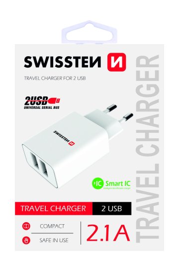 SWISSTEN adaptér 230V/2,1A 2xUSB BÍLÁ