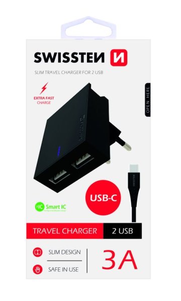 SWISSTEN adaptér 230V/3A 2xUSB + USB-C kabel 1,2m ČERNÁ