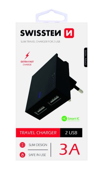 SWISSTEN adaptér 230V/3A 2xUSB ČERNÁ