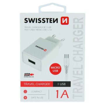 SWISSTEN adaptér 230V/1A 1xUSB + microUSB kabel 1,2m BÍLÁ