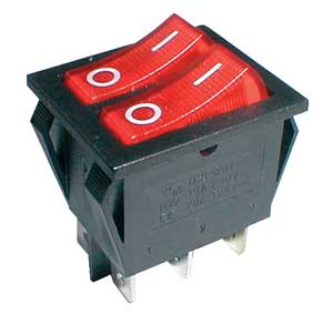 Přepínač kolébkový 2x(2pol./3pin) ON-OFF 250V/15A pros. červený