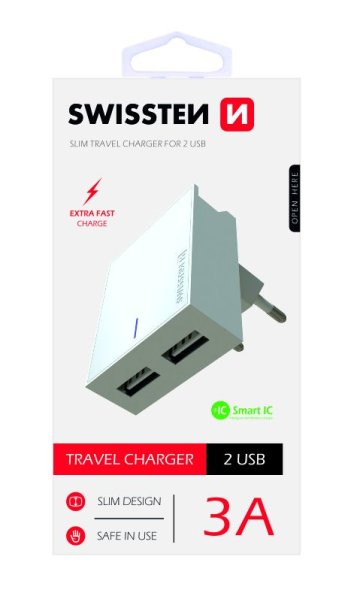 SWISSTEN adaptér 230V/3A 2xUSB BÍLÁ