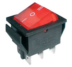 Přepínač kolébkový 3pol./6pin ON-OFF-ON 250V/15A pros. červený