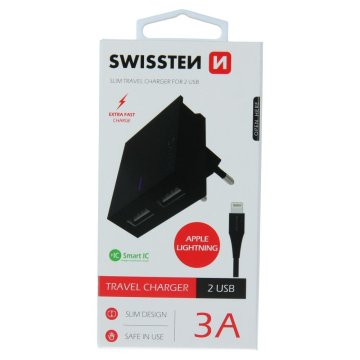 SWISSTEN adaptér 230V/3A 2xUSB + lightning kabel 1,2m ČERNÁ