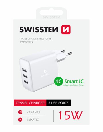 SWISSTEN adaptér 230V/3A 15W 3xUSB BÍLÁ