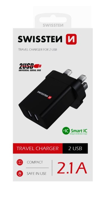 SWISSTEN adaptér 230V/2,1A 10,5W 2xUSB do Anglie (UK) černá