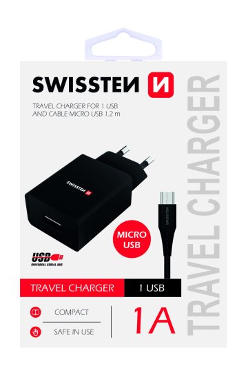 SWISSTEN adaptér 230V/1A 1xUSB + microUSB kabel 1,2m ČERNÁ