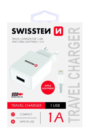 SWISSTEN adaptér 230V/1A 1xUSB + lightning kabel 1,2m BÍLÁ