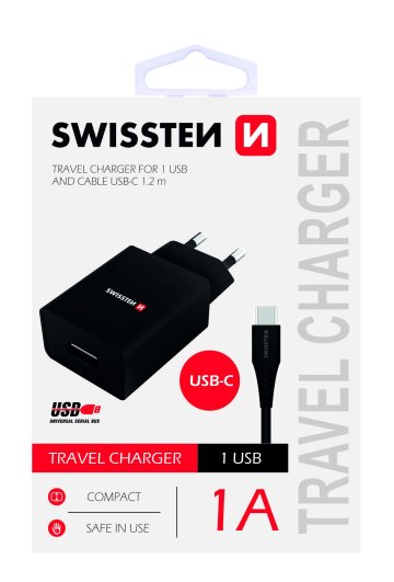 SWISSTEN adaptér 230V/1A 1xUSB + USB-C kabel 1,2m ČERNÁ