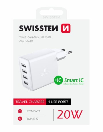 SWISSTEN adaptér 230V/4A 20W 4xUSB BÍLÁ